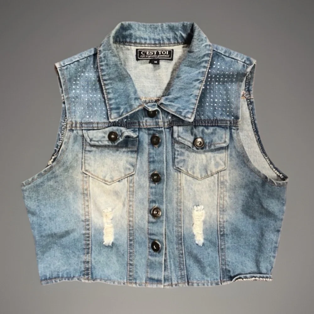 Light Blue Destroyed Cropped Jean Vest Top